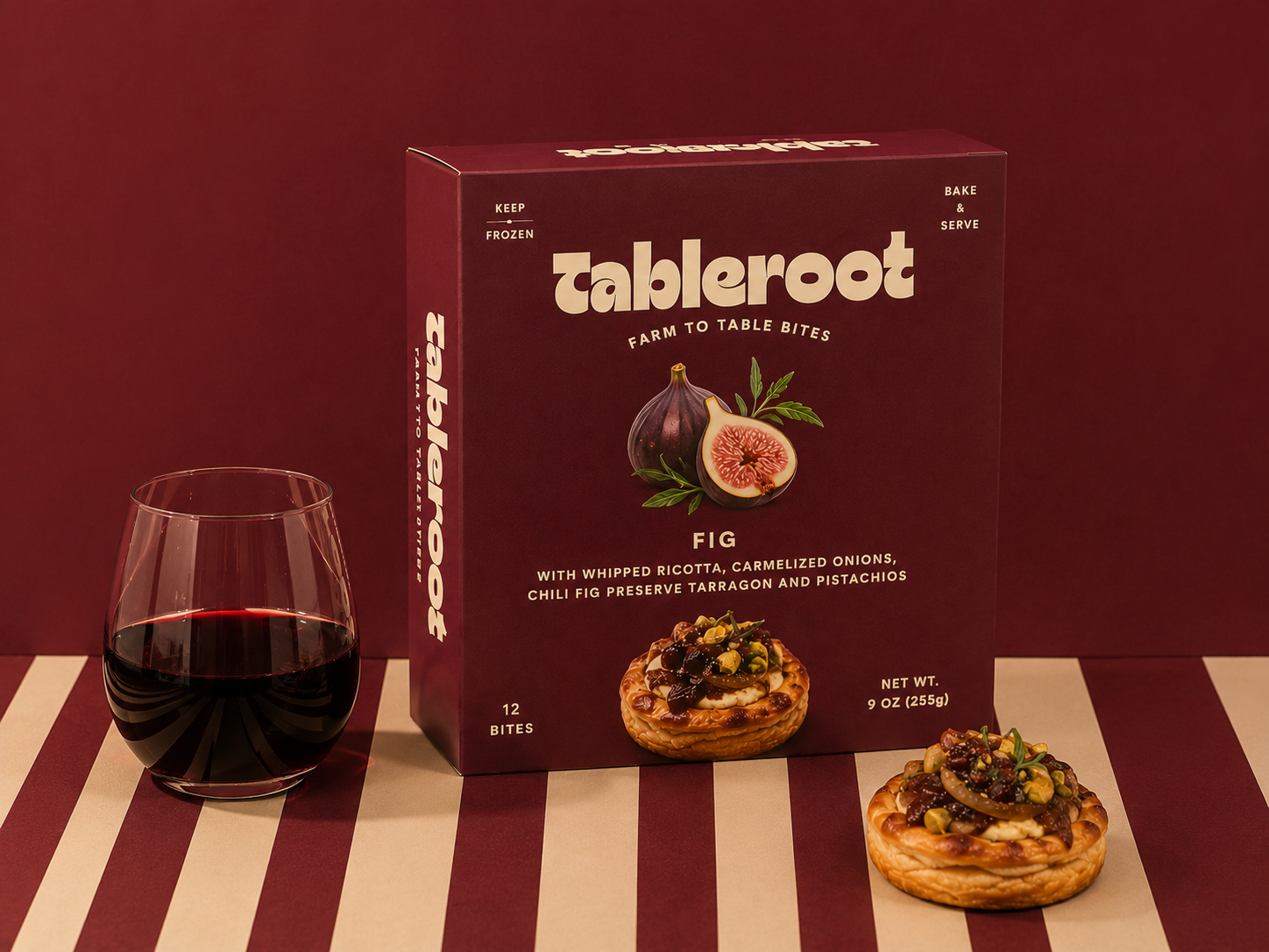 Tableroot Fig bite box with a glass of red wine and fig tartlets